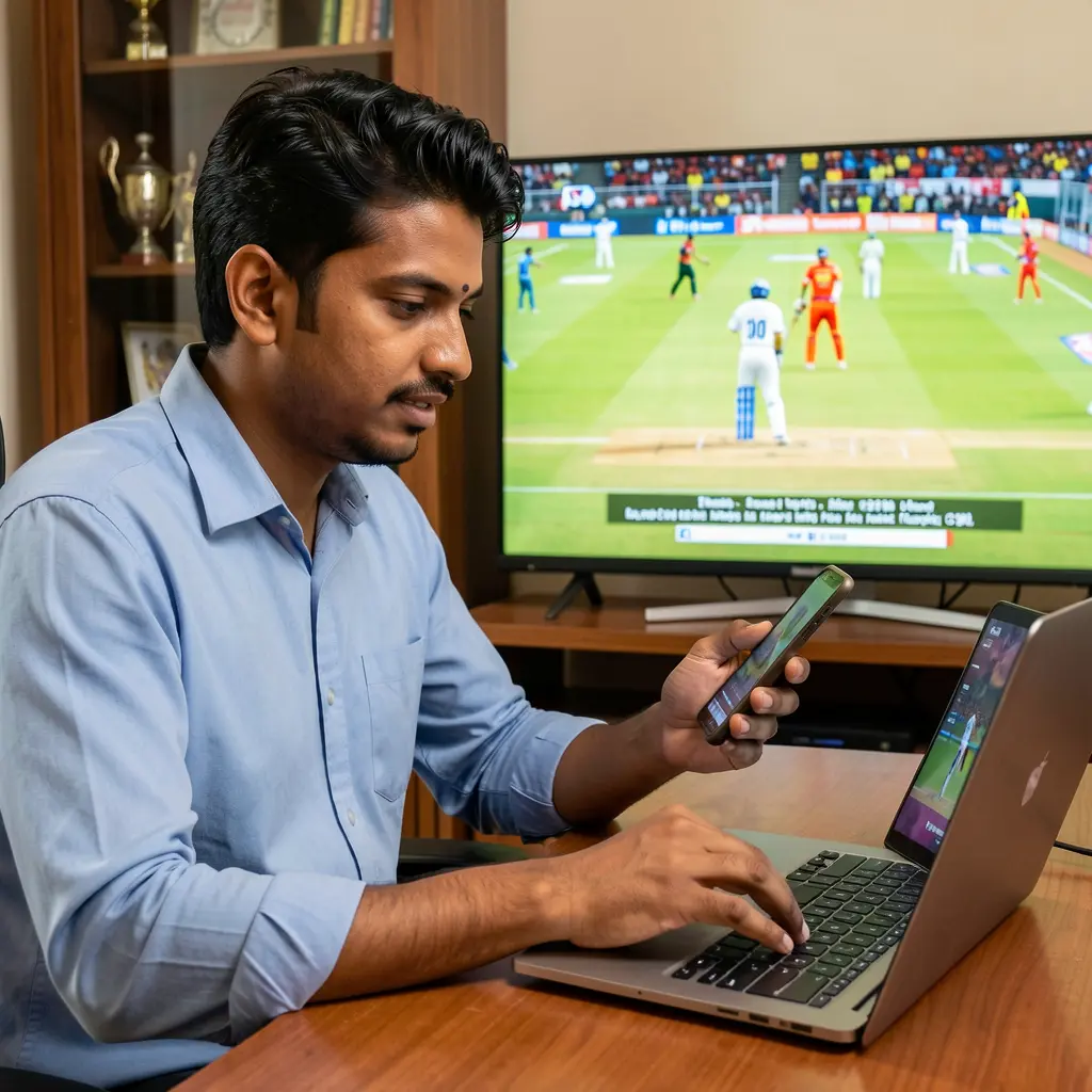 Focused Bangladeshi sports bettor using a laptop and smartphone to place online bets through 588H COM while watching a live cricket match at home