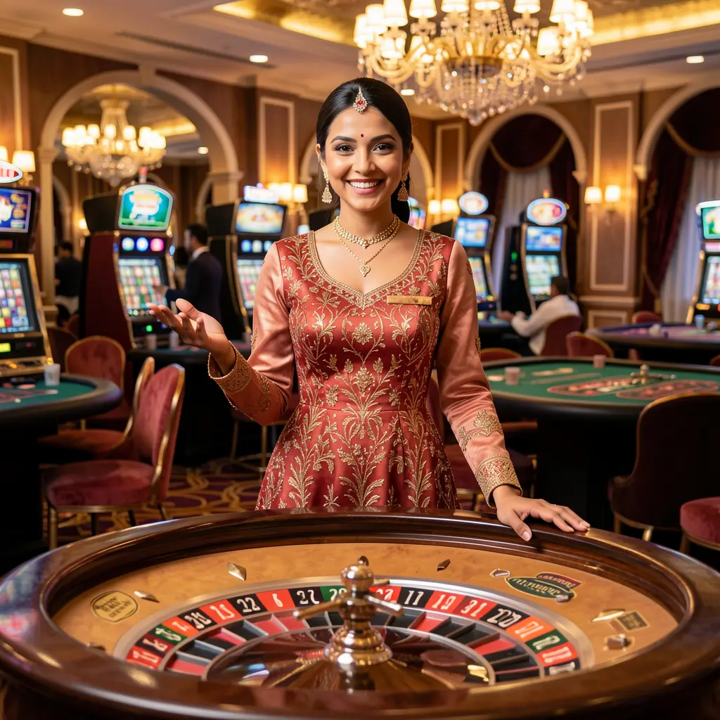 Confident casino hostess standing at a roulette table with welcoming gestures inside the vibrant 588H COM casino environment for Bangladesh players