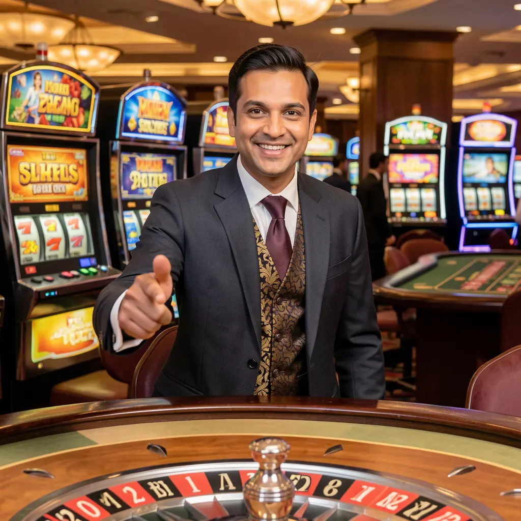 Welcoming Bangladeshi casino dealer pointing forward with confidence in a luxury gaming hall representing trusted access to 588H COM